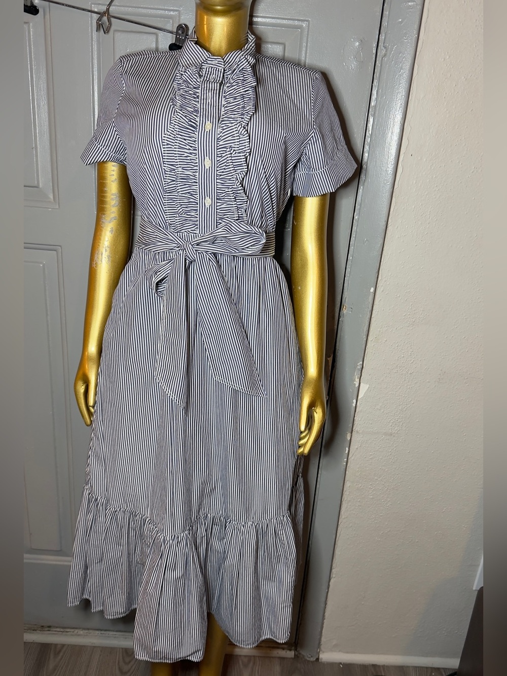 J. Crew Blue and White Striped Ruffle Tie-Waist Midi Dress